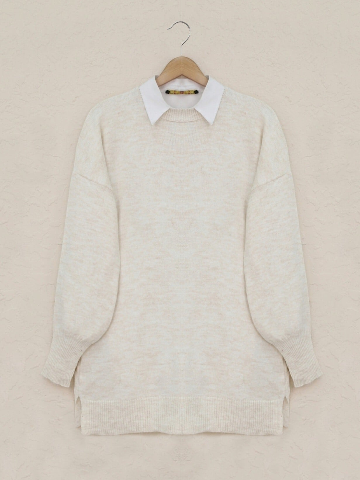 Round Neck Balloon Sleeve Relaxed Knit Sweater - Stone - Podyumplus - by Peralane - photo 2