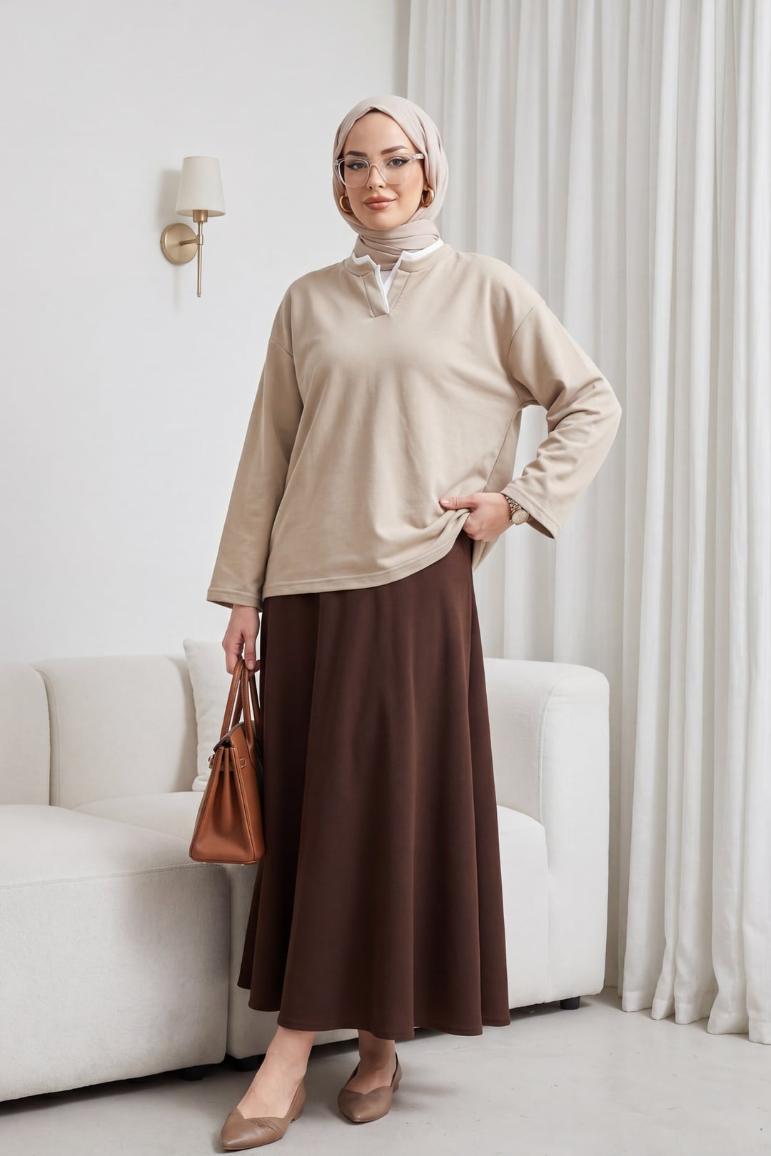 V-Neck Double Layer 2-Thread Jersey Blouse - Light Beige - Podyumplus - by Peralane - photo 3