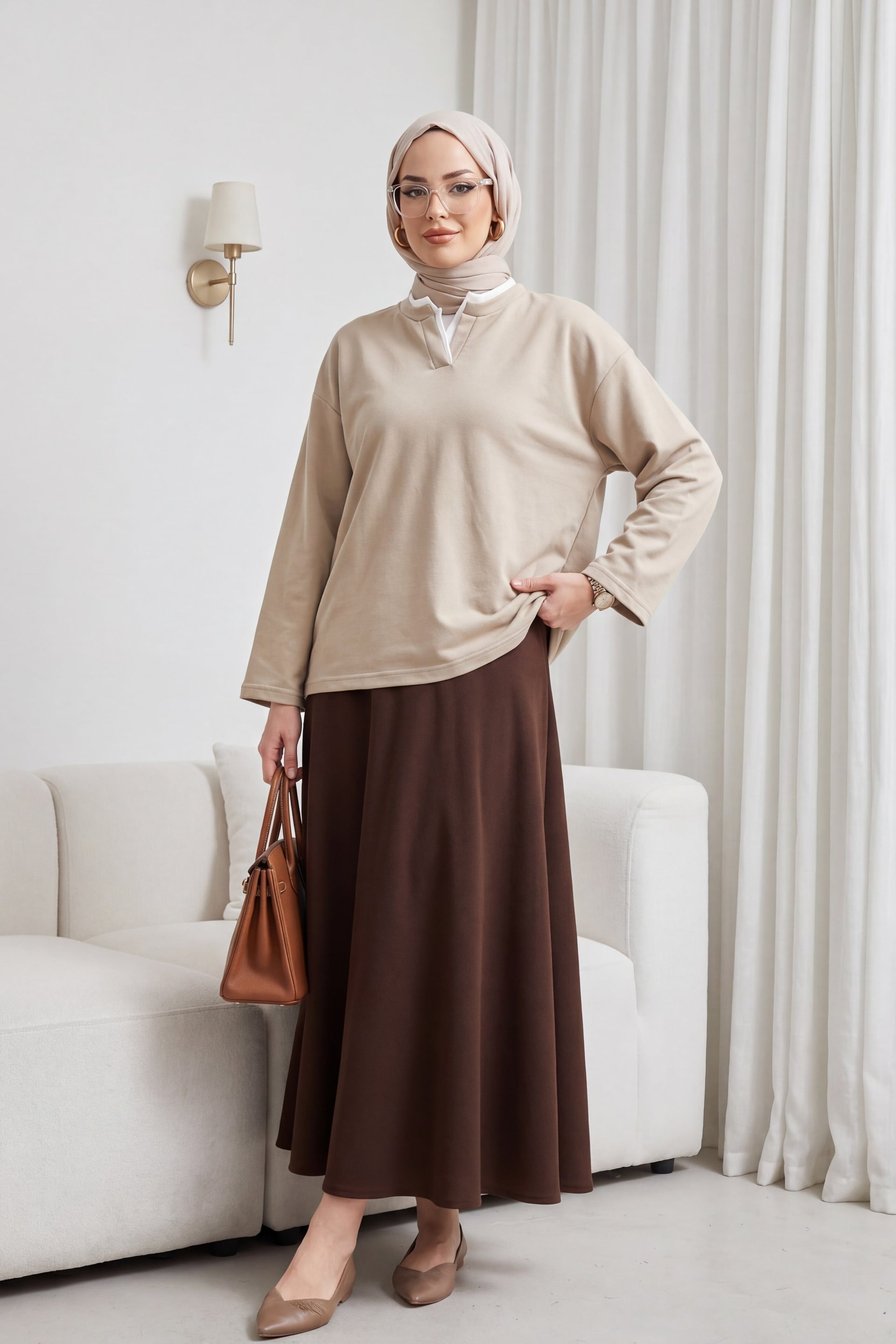 V-Neck Double Layer 2-Thread Jersey Blouse - Light Beige - Podyumplus - by Peralane - photo 3