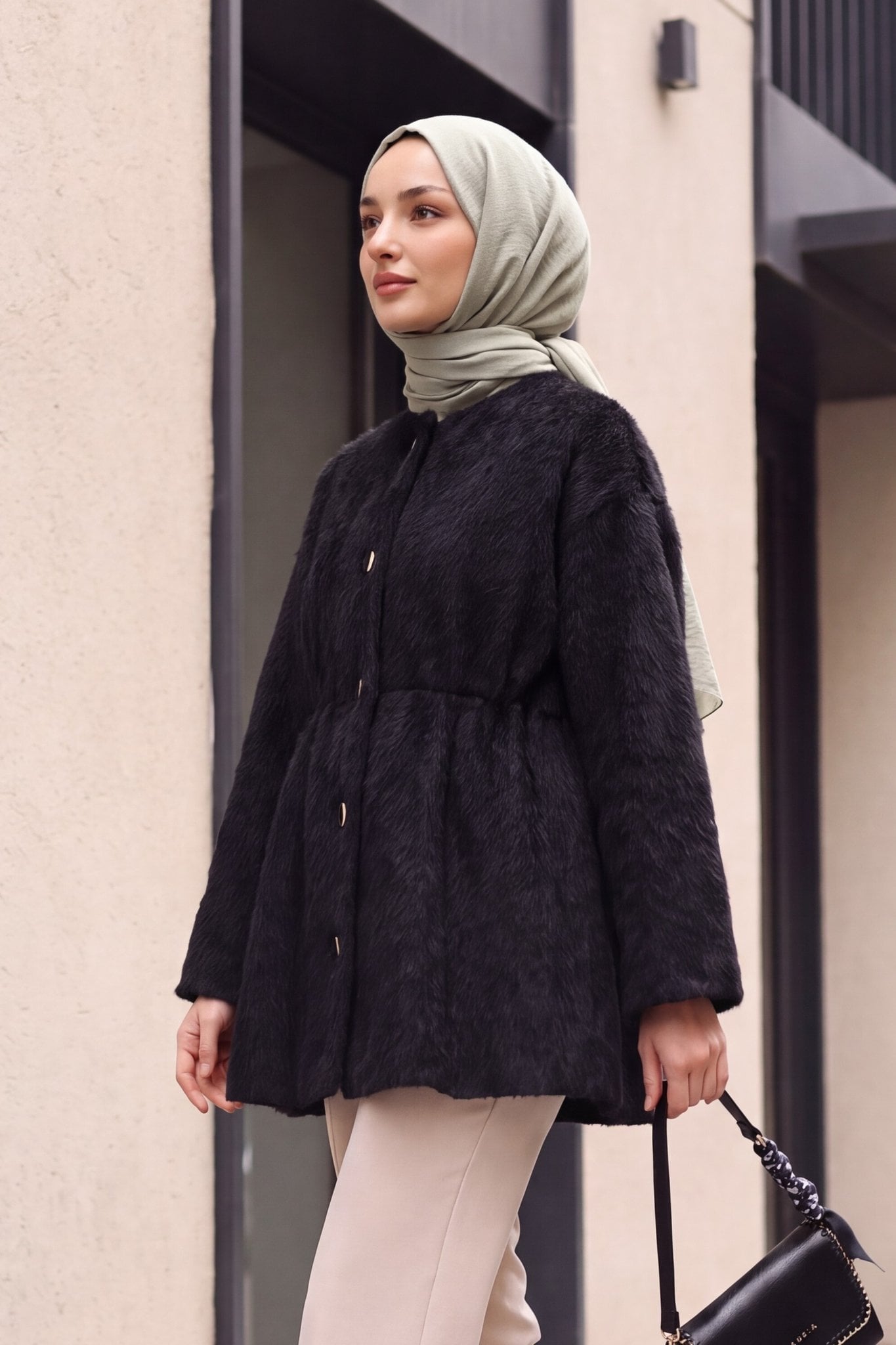 Black Faux Fur Peplum Jacket with Drawstring Waist - Podyumplus - by Peralane - photo 2