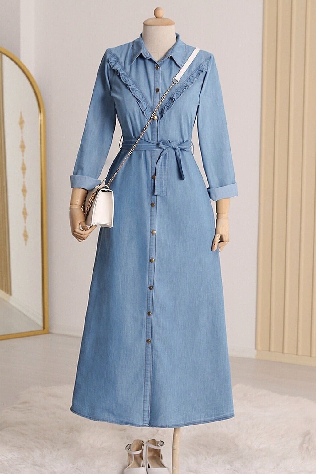 Blue Denim Dress with Full Front Buttons and Tie Belt - Podyumplus - by Peralane - photo 2