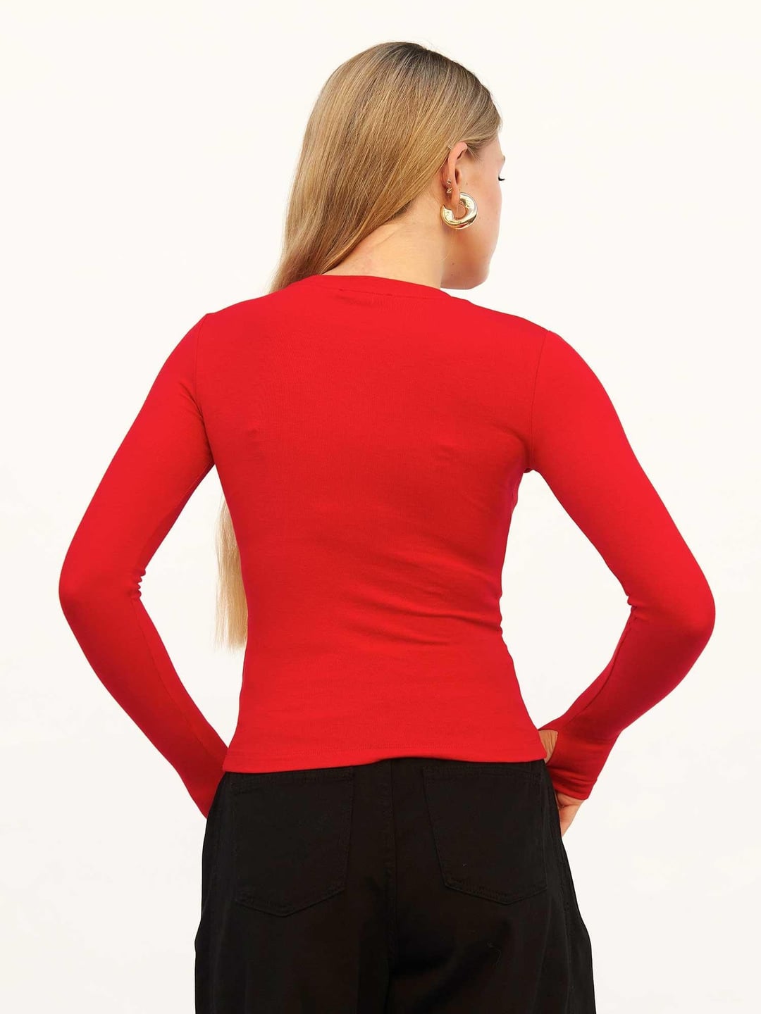 Women's Long-Sleeve Crew-Neck Ribbed T-Shirt with Thumbholes - Red - Lefon - by Peralane - photo 3