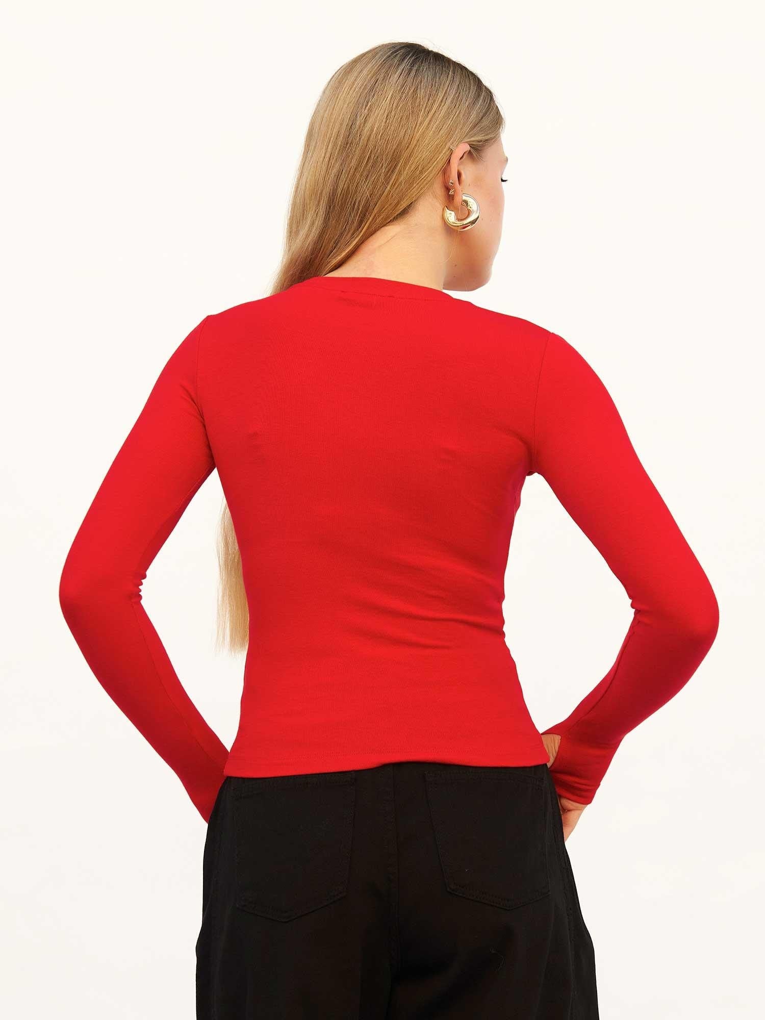 Women's Long-Sleeve Crew-Neck Ribbed T-Shirt with Thumbholes - Red - Lefon - by Peralane - photo 3