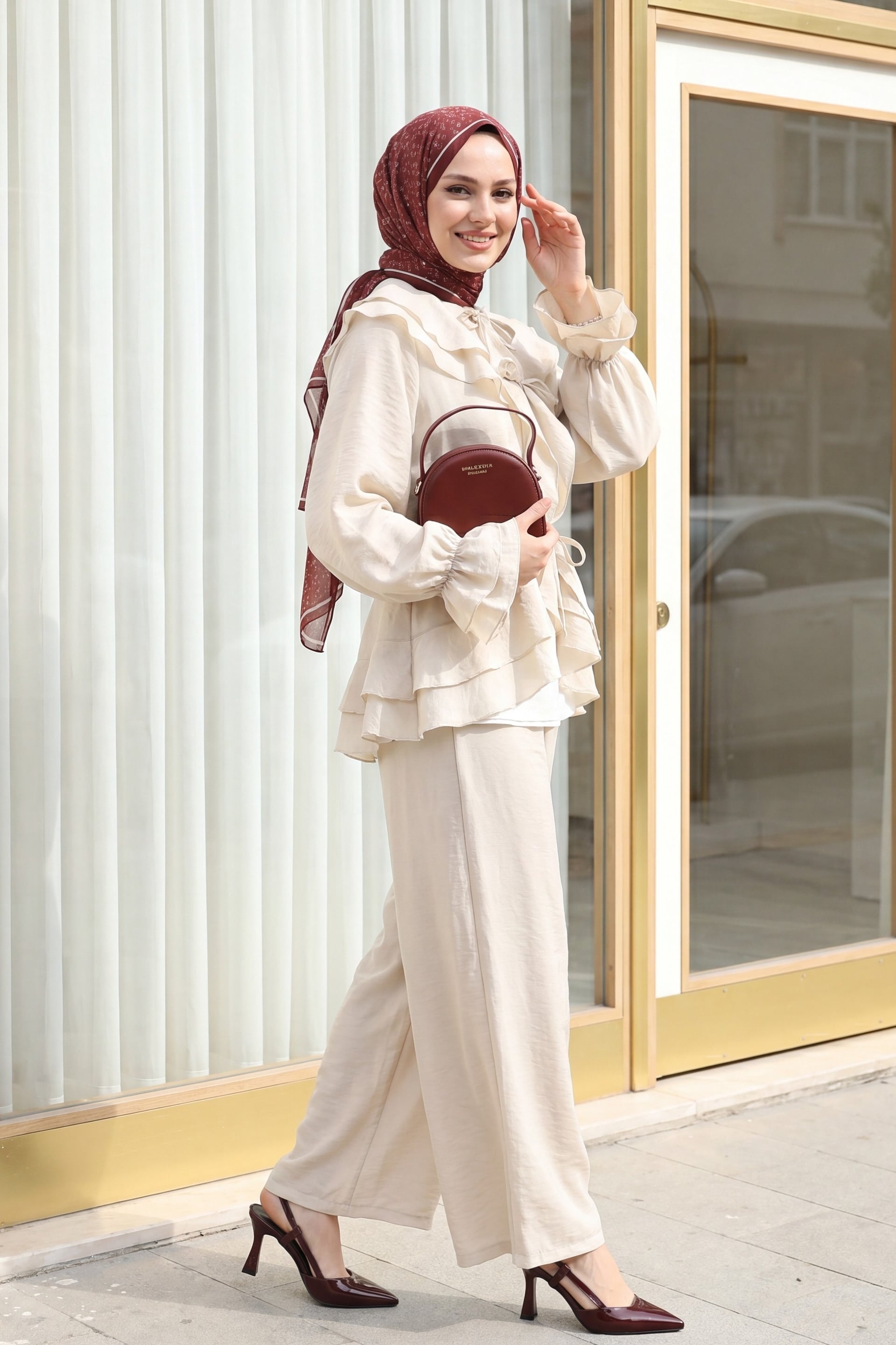 Ruffled Collar Tie Waist Modest Set with Wide-Leg Trousers - Stone - Podyumplus - by Peralane - photo 3