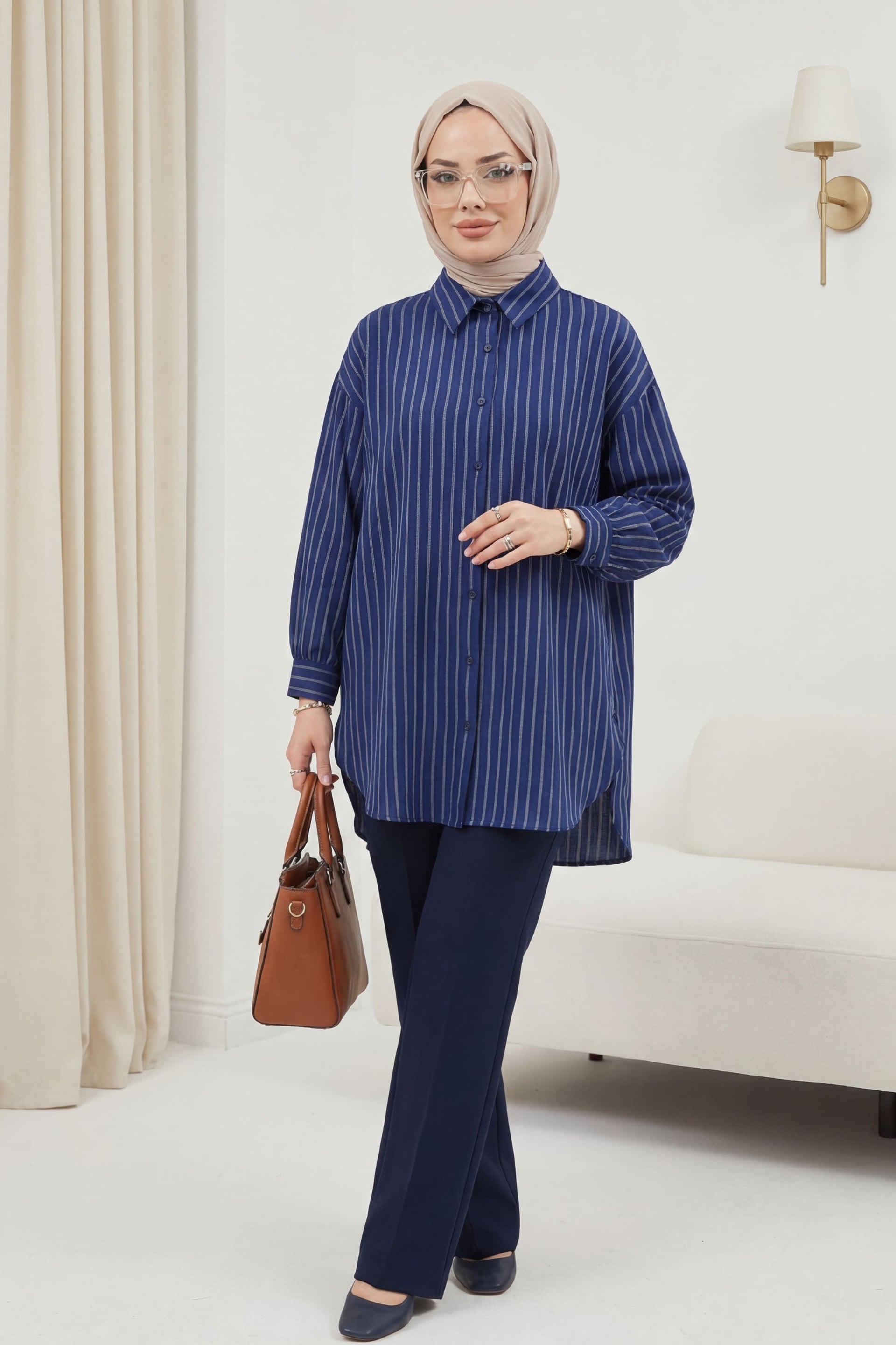 Striped Slit Casual Linda Blouse - Navy - Podyumplus - by Peralane - photo 4