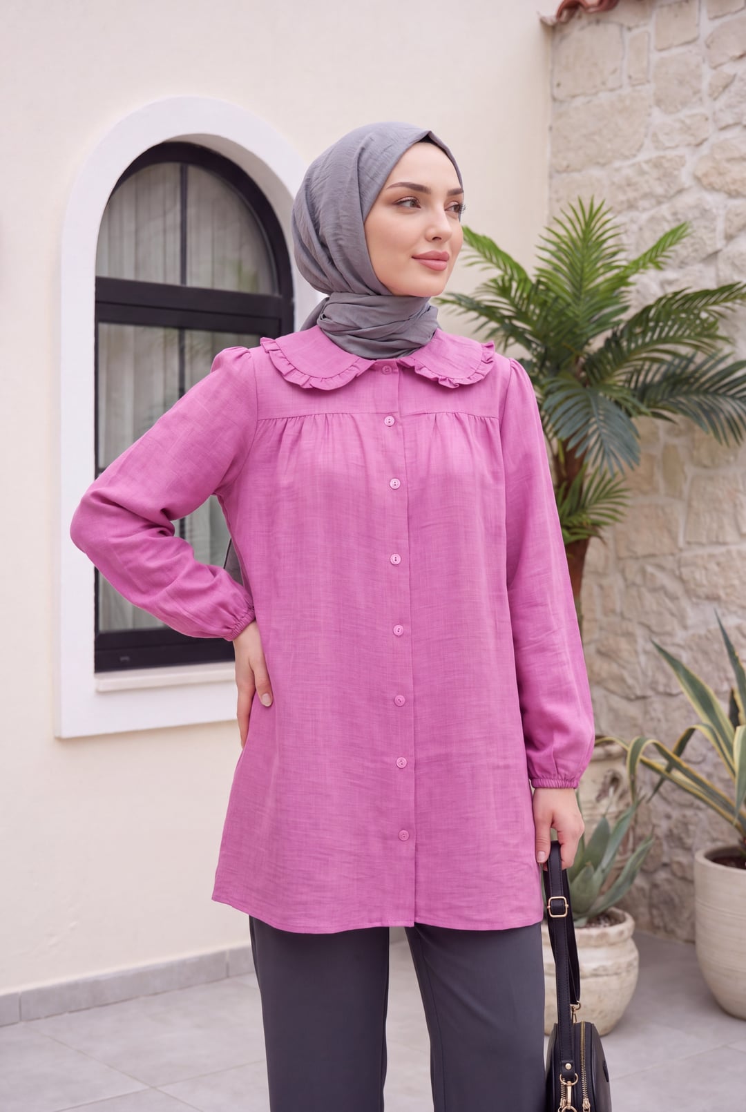 Pink Peter Pan Collar Tunic with Dark Grey Trousers - Podyumplus - by Peralane