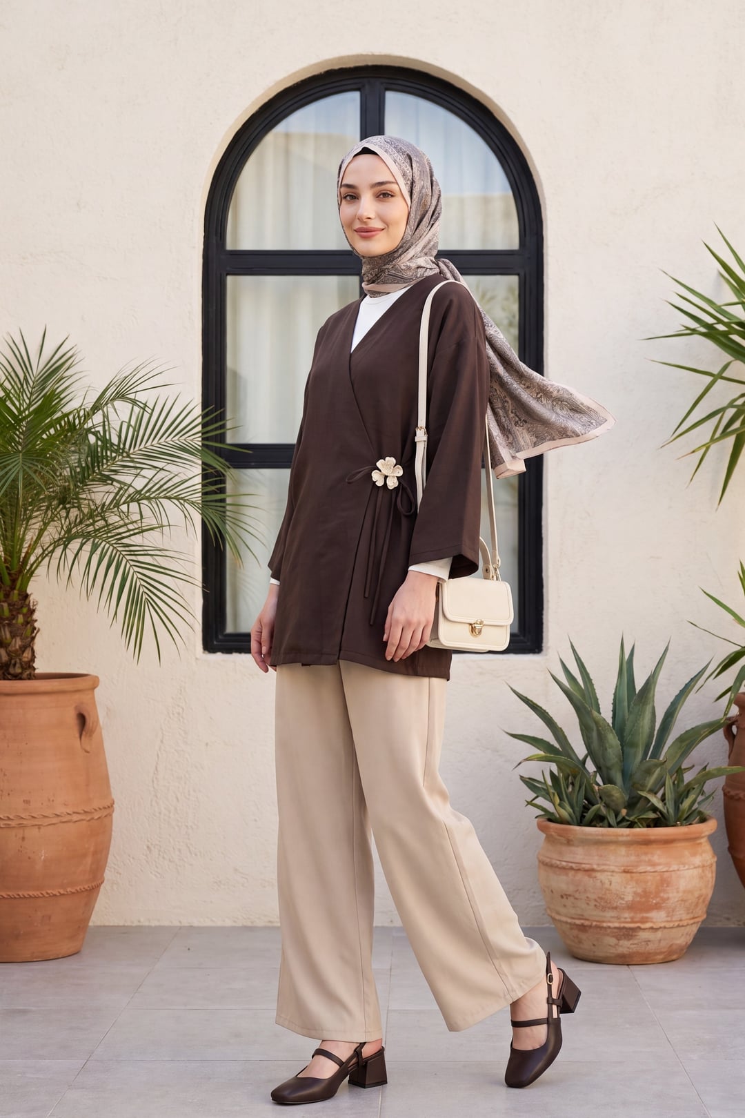 Elasticated Drawstring Linen Look Wide Leg Trousers - Stone - Podyumplus - by Peralane - photo 4