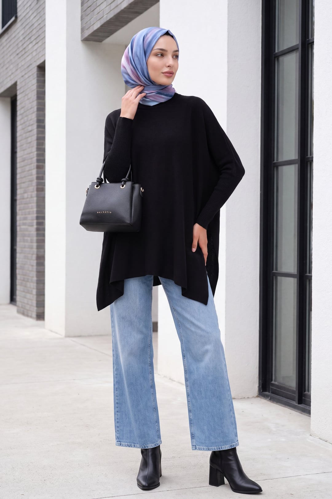 Black Oversize Pancho Knit Sweater with Side Slits - Bigdart - by Peralane - photo 4