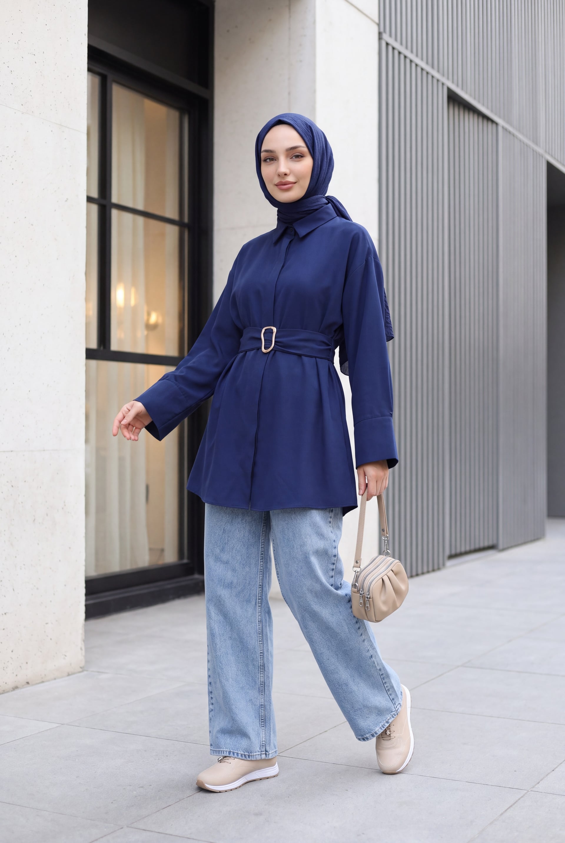 Navy Blue Poplin Tunic with Buckled Belt and Double Cuff Sleeves - Podyumplus - by Peralane - photo 3