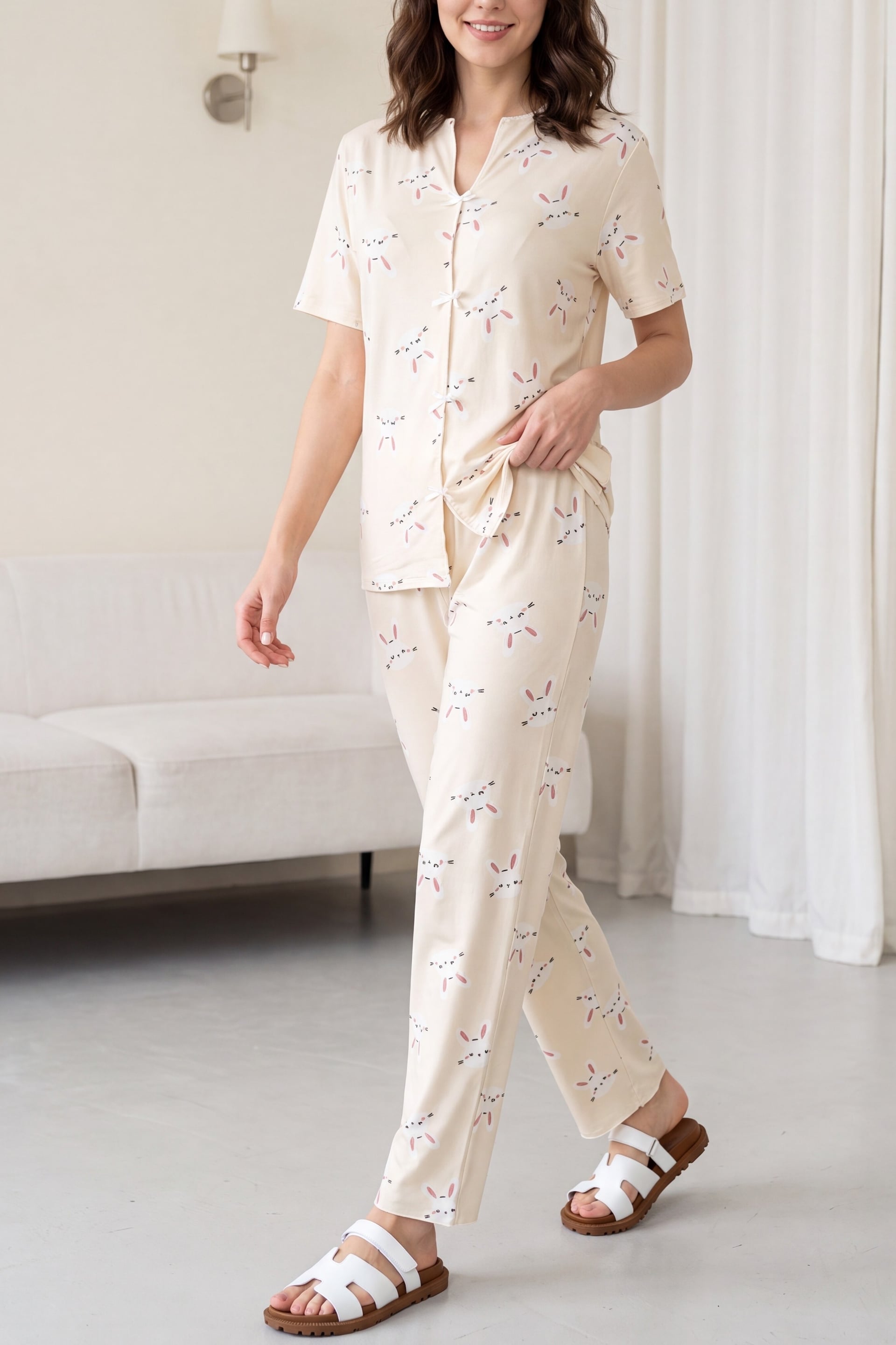 Women's Cream Bunny Print V-Neck Tie-Front Short-Sleeve Jersey Pajama Set - Podyumplus - by Peralane