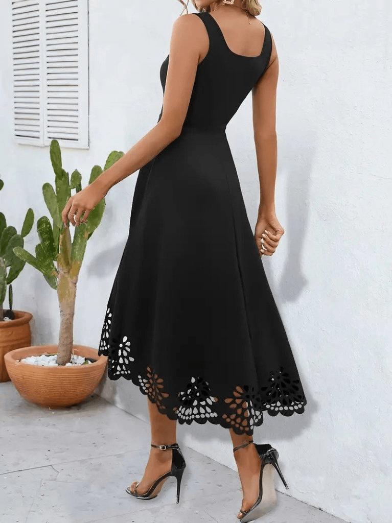Women's Sleeveless Geometric Neck Floral Laser Cut Imported Crepe Dress - Janes - by Peralane - photo 4