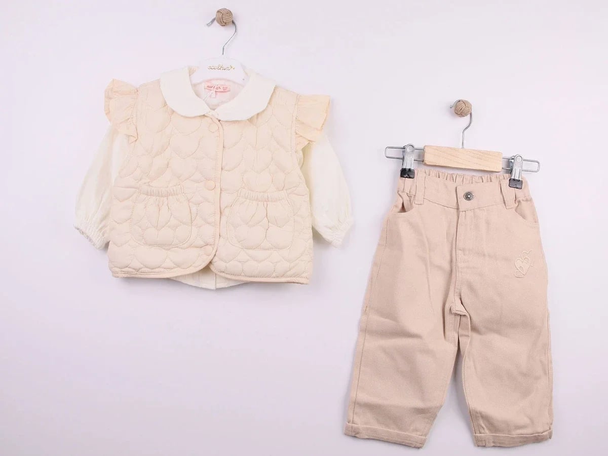 Girls' Quilted Vest and Trousers Set with Heart Embroidery - Ecolkiz - by Peralane