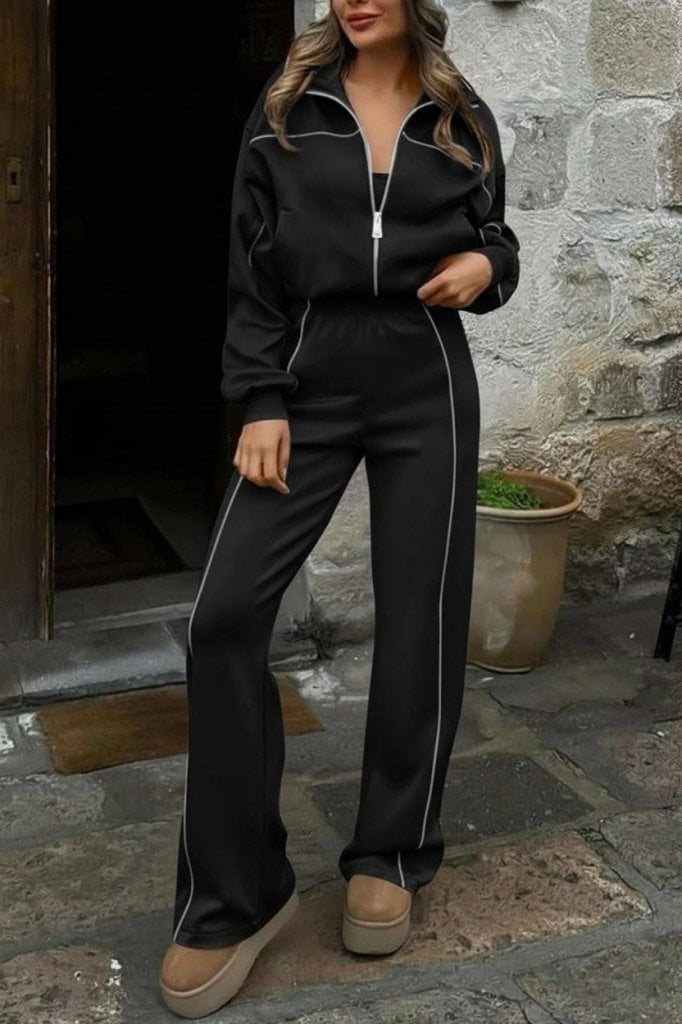 Women's Long Sleeve Zip-Up Blouse and Flared Trousers Two-Piece Tracksuit Set - Janes - by Peralane