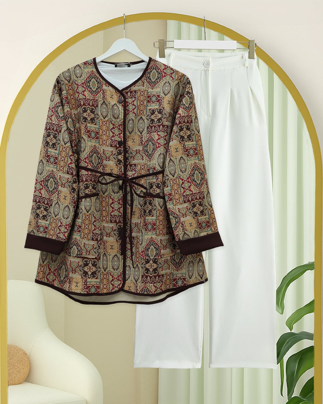 Ethnic Pattern Jacket with Folded Sleeves and Tie Waist - Burgundy - Podyumplus - by Peralane - photo 6
