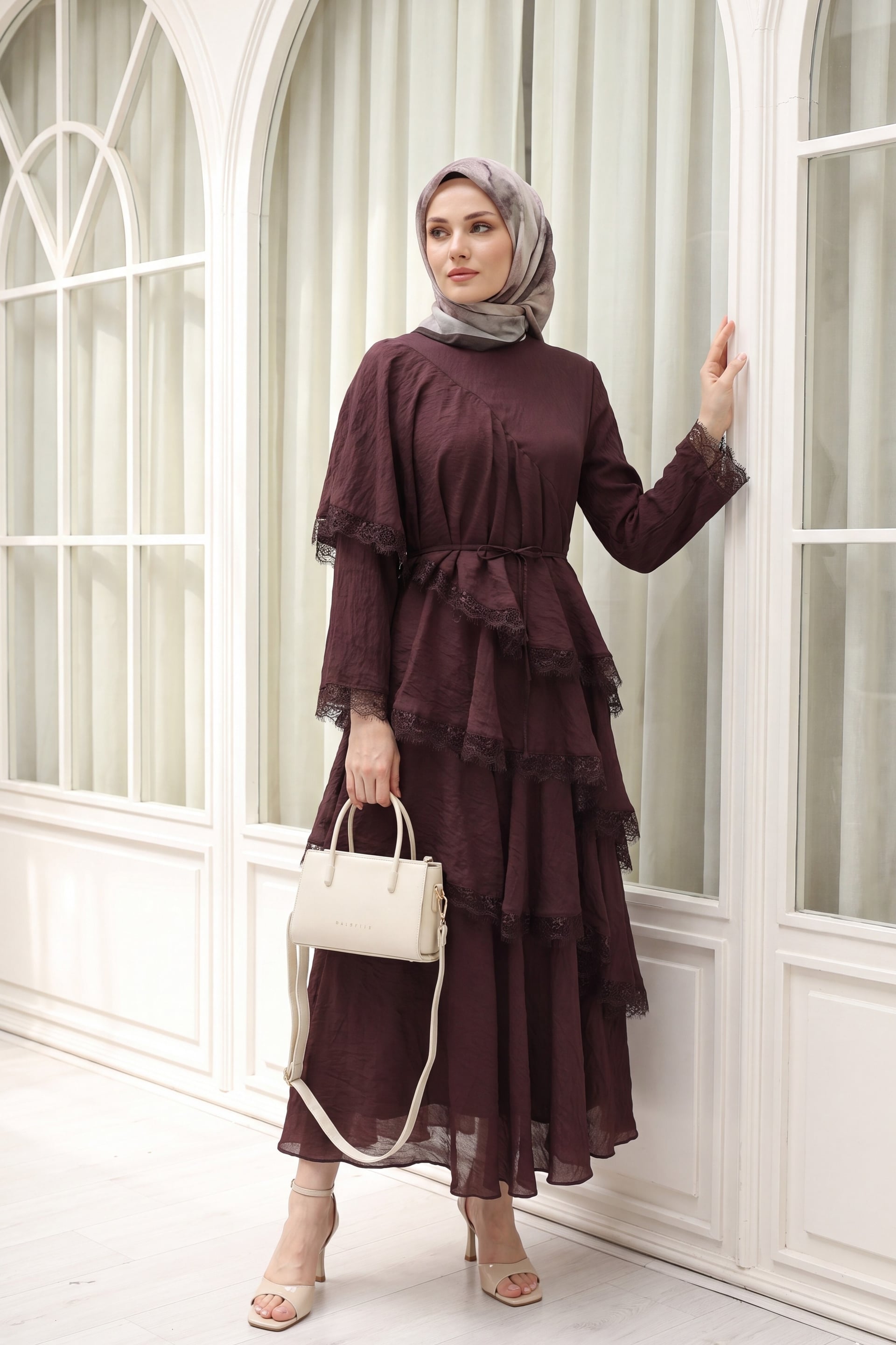 Lace Trim Tiered Belted Lined Tulle Modal Dress - Dark Brown - Podyumplus - by Peralane - photo 2