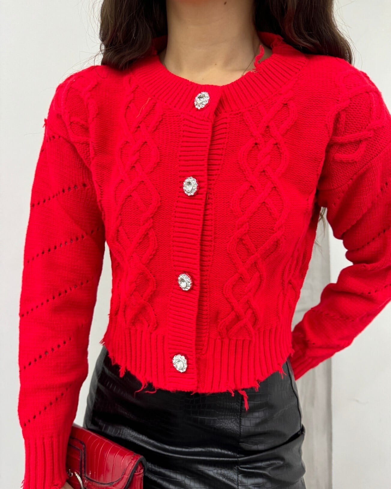 Pomegranate Red Cable Knit Cardigan with Frayed Hem - Podyumplus - by Peralane - photo 3