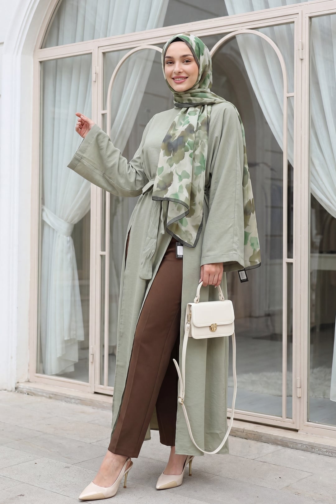 High-Neck Deep-Slit Belted Long Modal Tunic - Olive Green - Podyumplus - by Peralane - photo 4