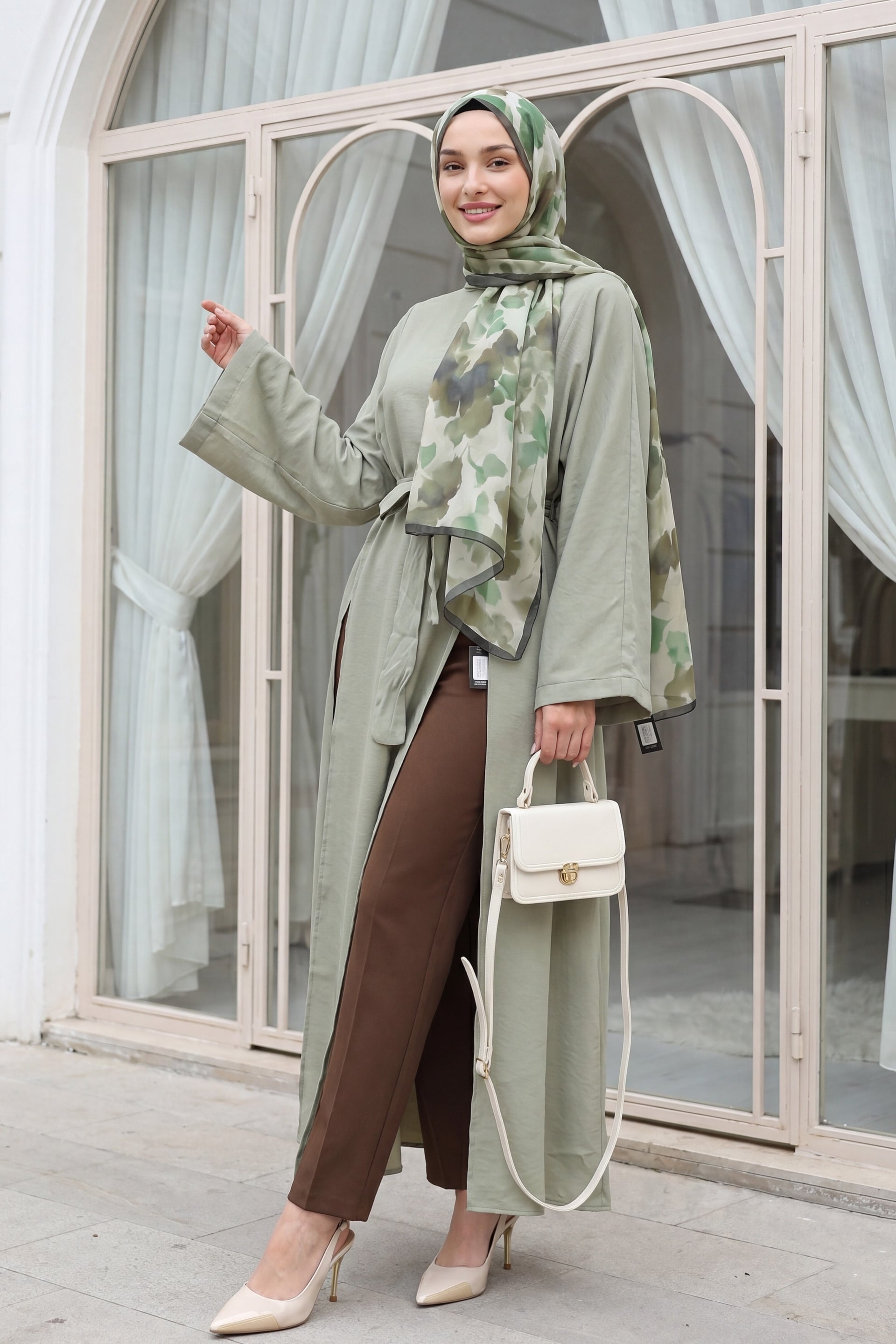 High-Neck Deep-Slit Belted Long Modal Tunic - Olive Green - Podyumplus - by Peralane - photo 4