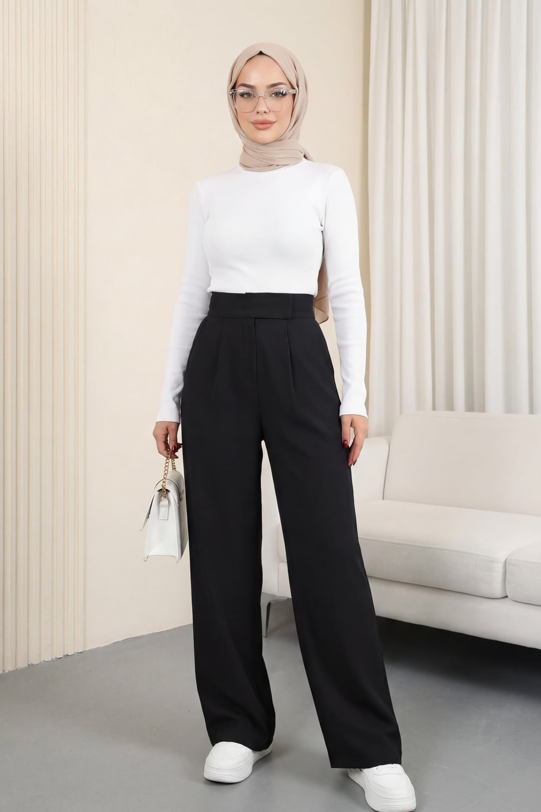 High-Waisted Wide-Leg Trousers with Front Pleats - Black - Podyumplus - by Peralane - photo 6
