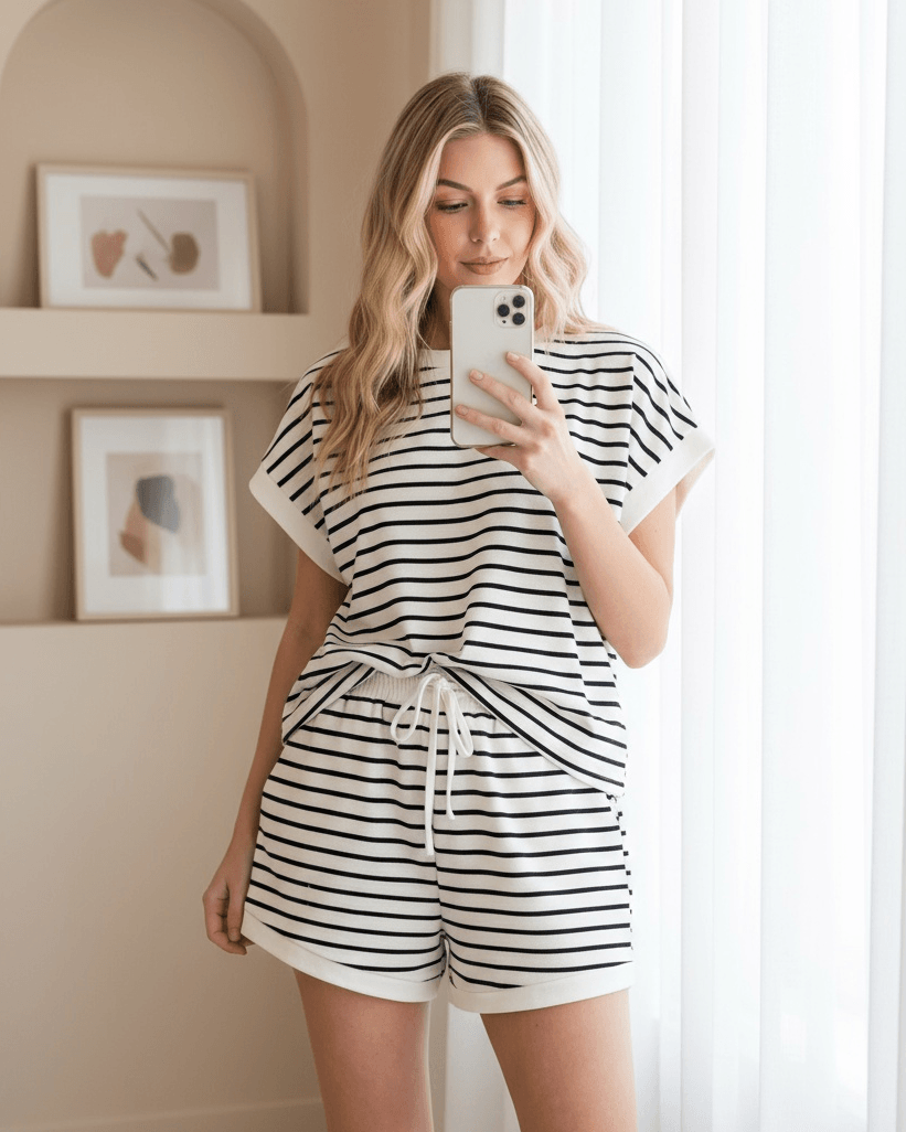 Round Neck Striped Pocket Shorts Knit Set - White - Podyumplus - by Peralane - photo 2
