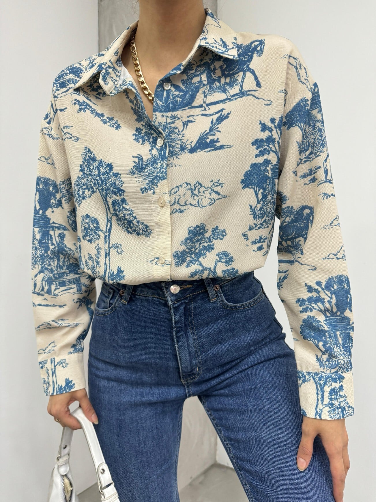 Tree Figure Linen Look Shirt - Petrol - Podyumplus - by Peralane - photo 4