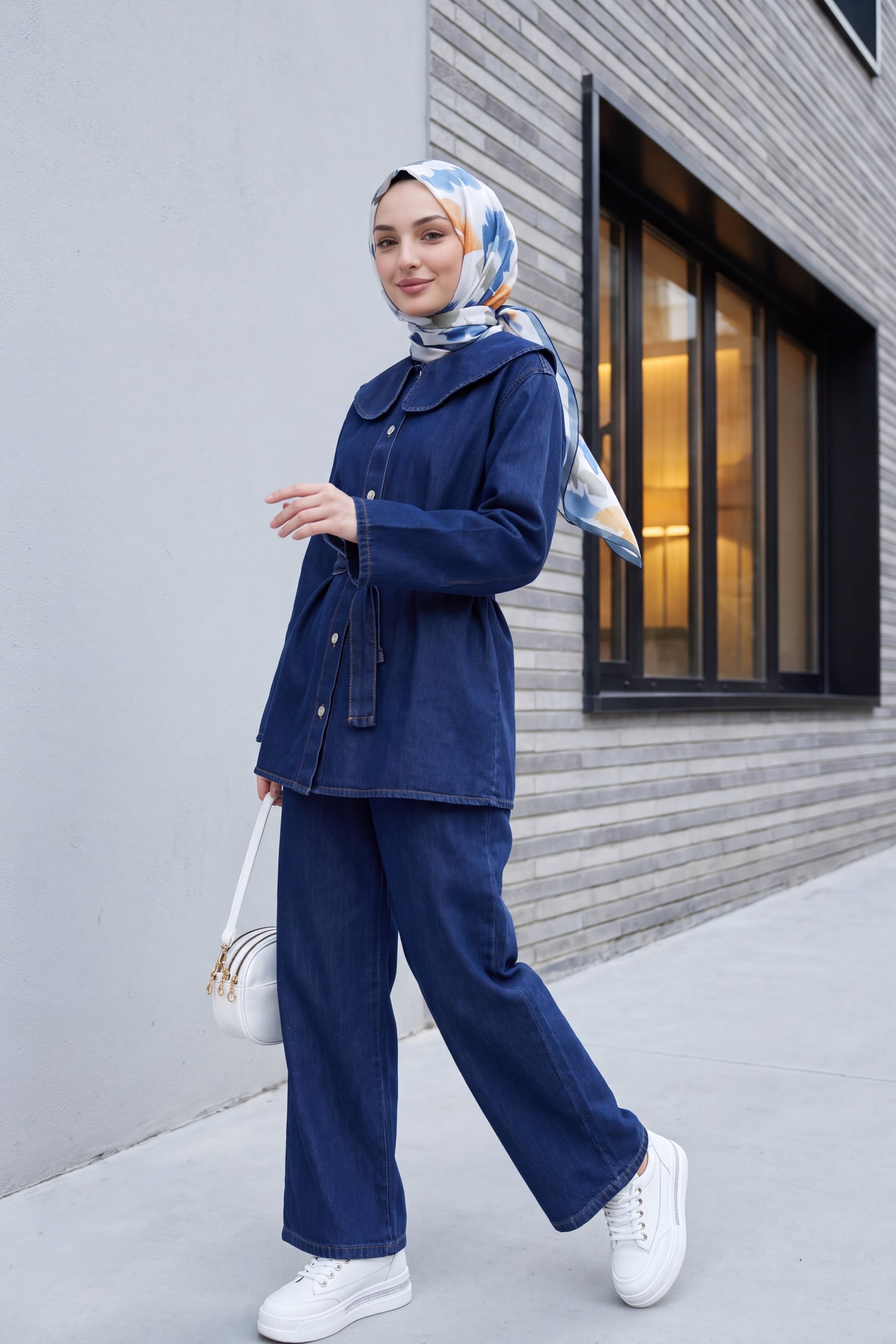 Baby Collar Tie-Waist Button-Front Denim Trouser Set - Navy - Podyumplus - by Peralane - photo 2