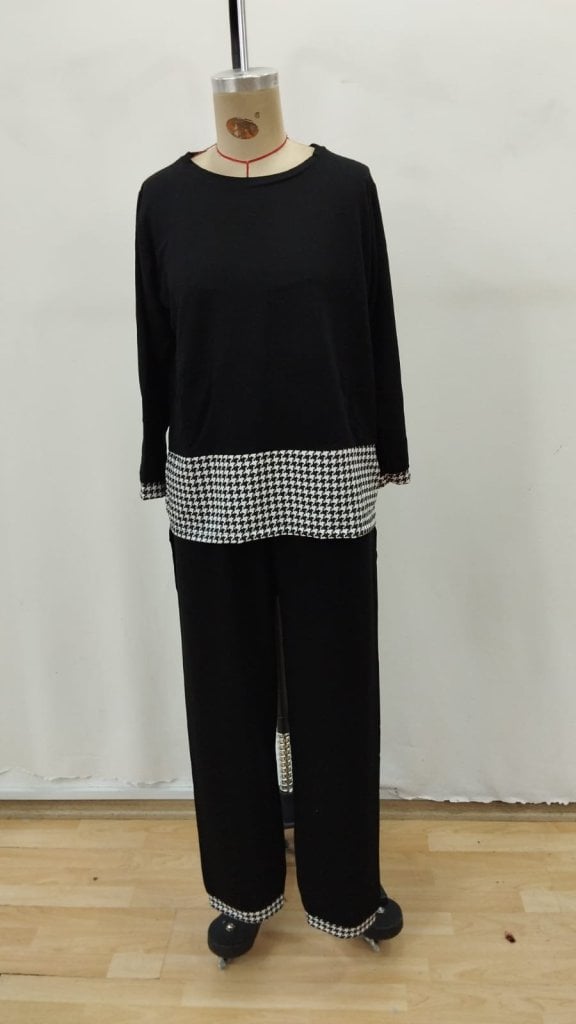Women's Long-Sleeve Round Neck Houndstooth Trim Viscose Two-Piece Set - Janes - by Peralane - photo 4