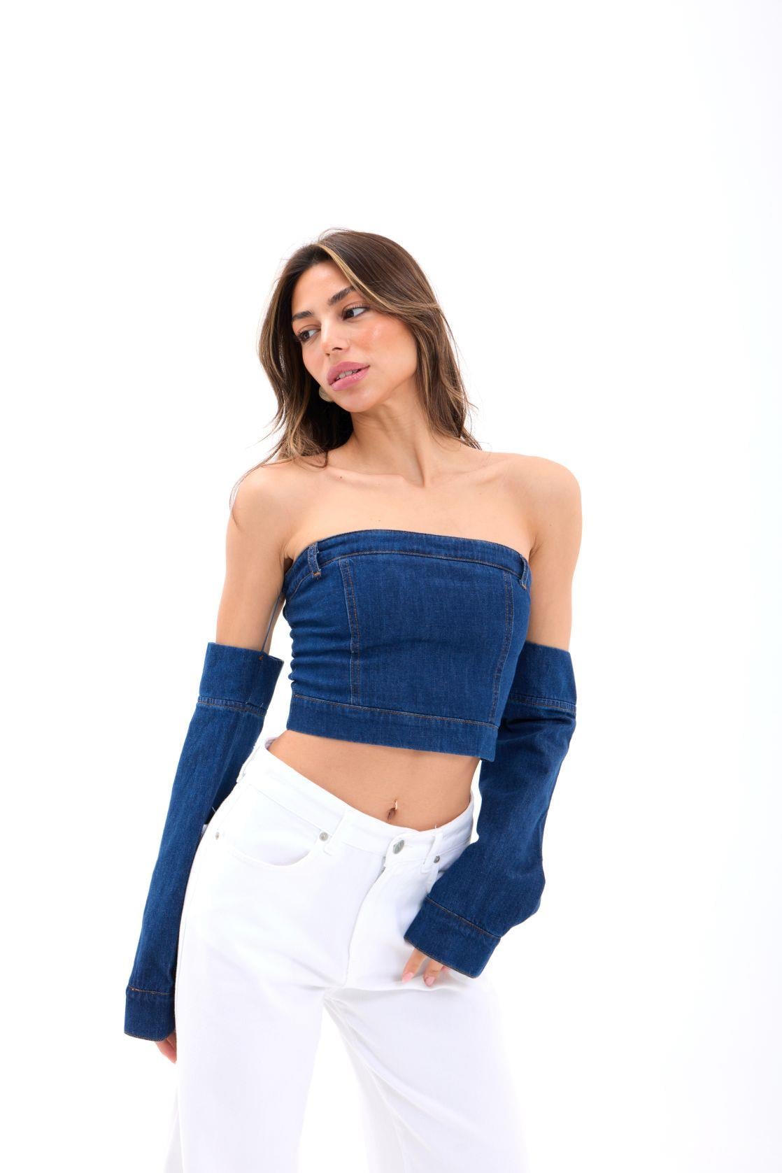 Women's Denim Tube Top with Detached Long Sleeves - Fame - by Peralane - photo 5