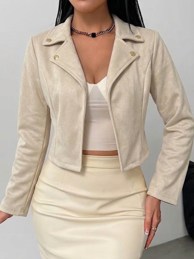 Women's Cropped Suede Jacket with Notched Lapel and Zip Closure - Janes - by Peralane