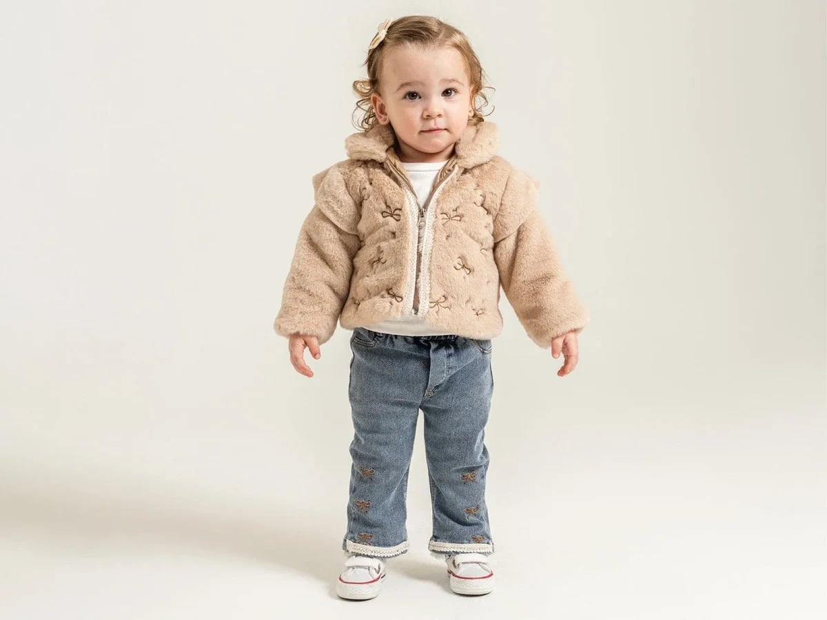 Girls' Luxe Set with Embroidered Bow Plush Jacket and Denim Trousers - Beige - Pampal Kids - by Peralane