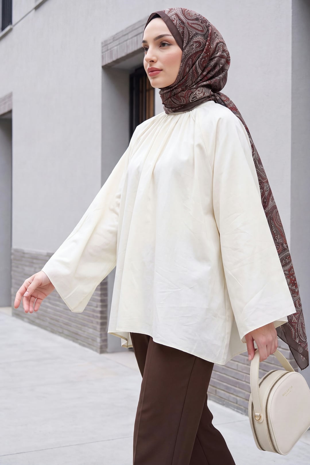 Cream Lined Voile Blouse with Gathered Neckline and Spanish Sleeves - Podyumplus - by Peralane - photo 2