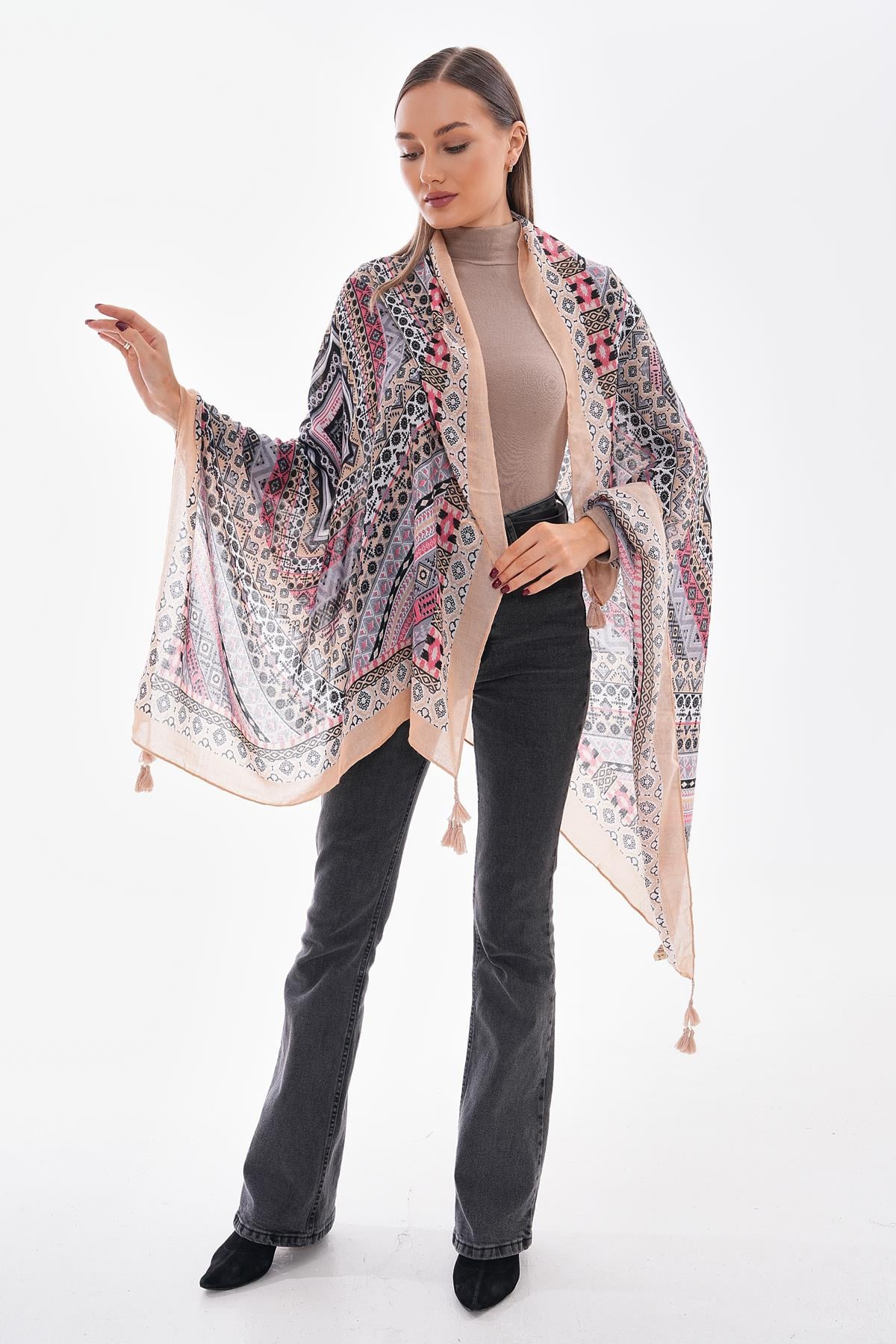 Printed Tassel Kimono Shawl in Beige for Women - Nesvay - by Peralane