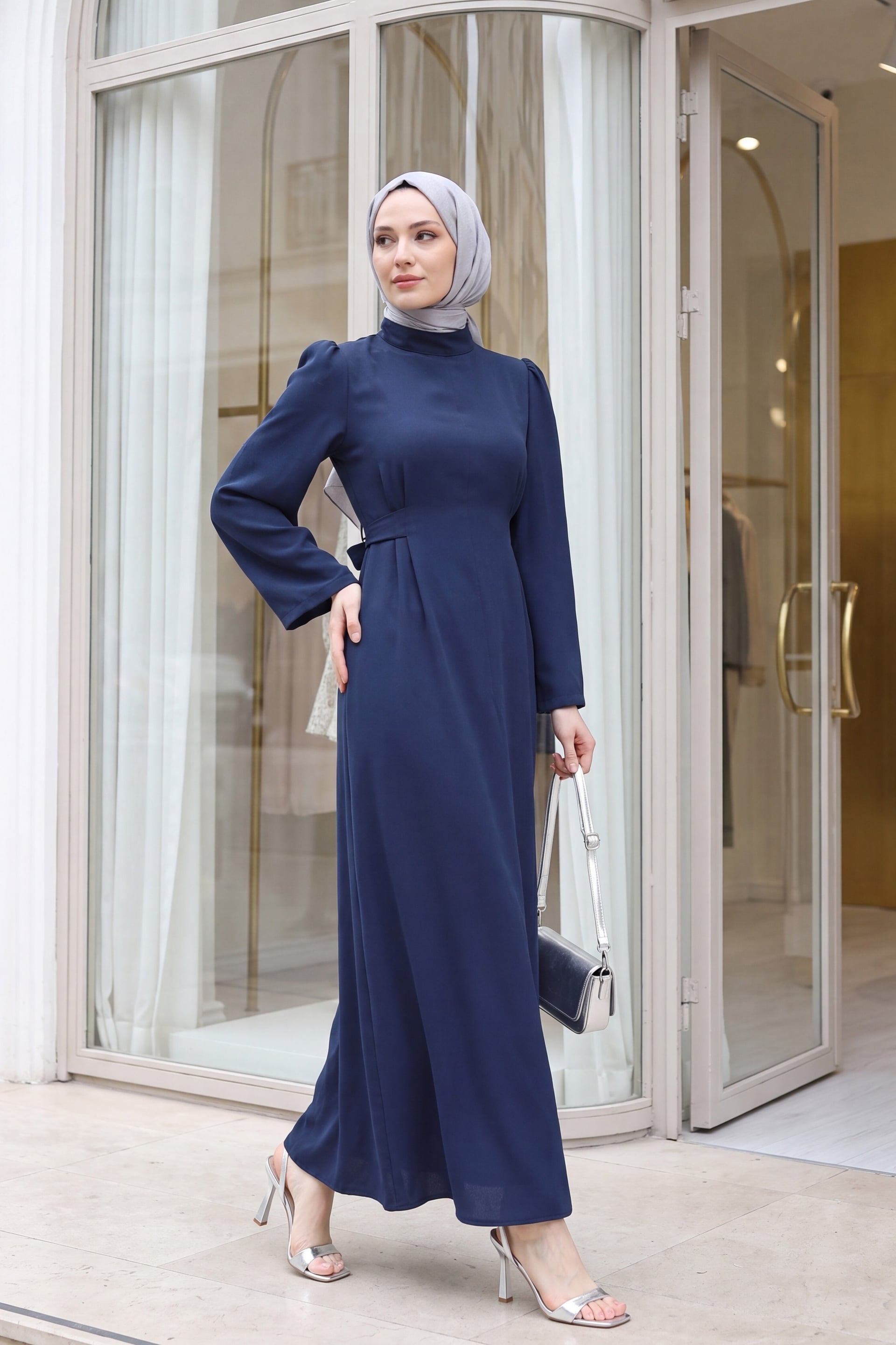 Mandarin Collar Belted Dress - Dark Navy - Podyumplus - by Peralane - photo 5