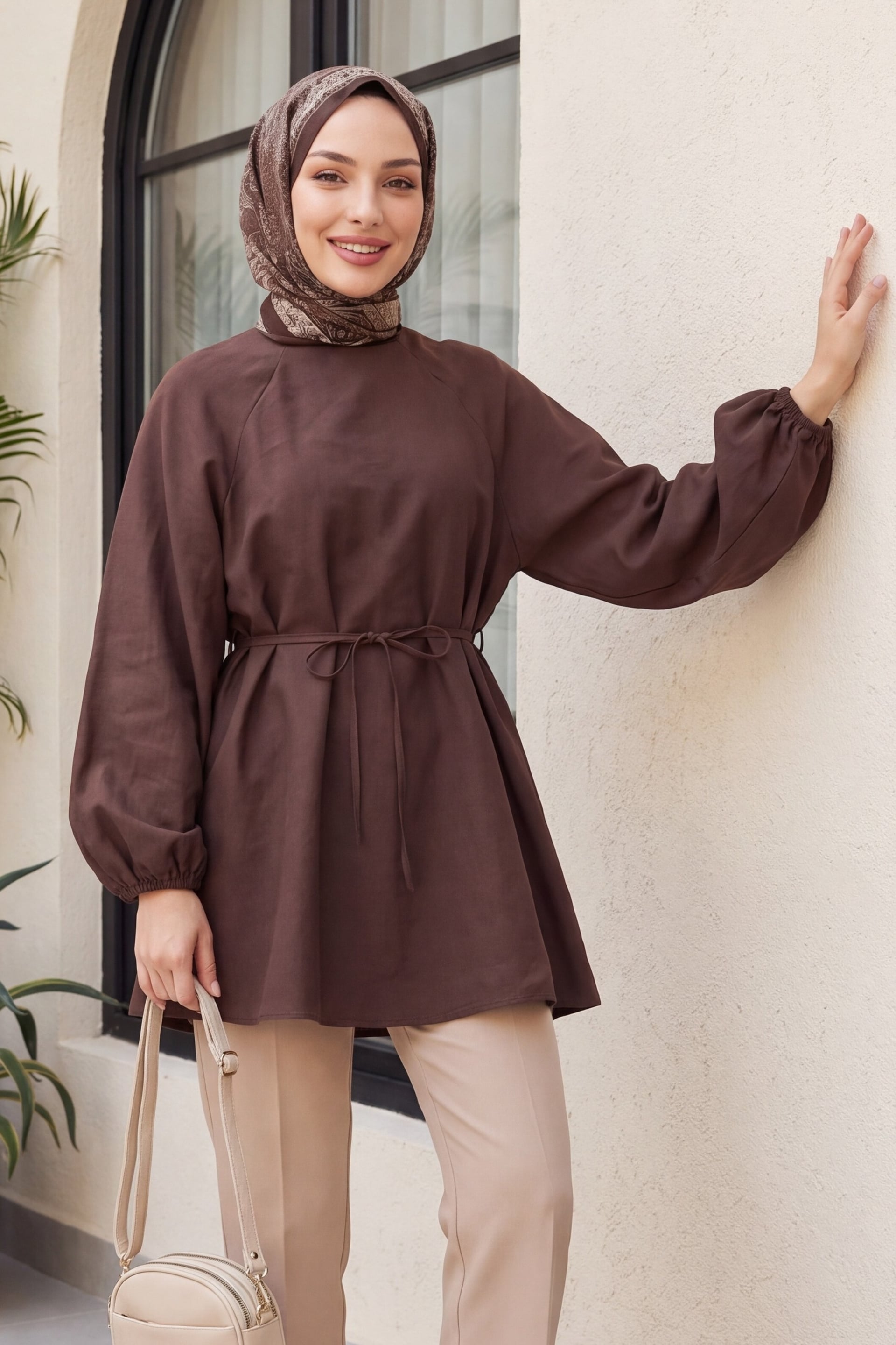 Round Neck Tie Waist Balloon Sleeve Tunic - Brown - Podyumplus - by Peralane