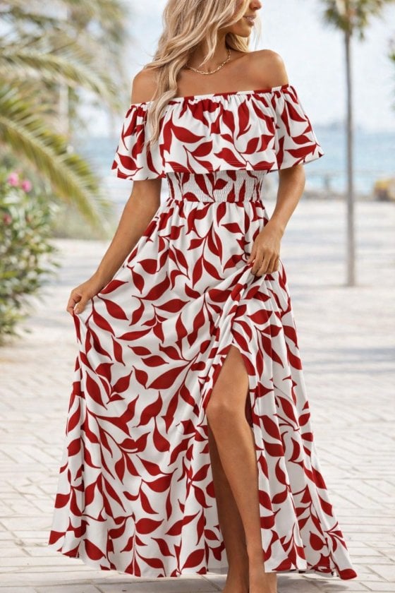 Women's Off-Shoulder Maxi Dress with Red Leaf Print - Janes - by Peralane