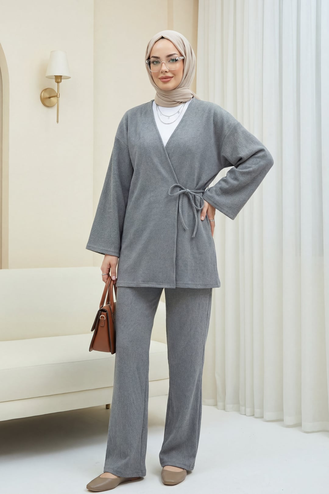 Cross-Wrap Selanik Kimono Set - Grey - Podyumplus - by Peralane