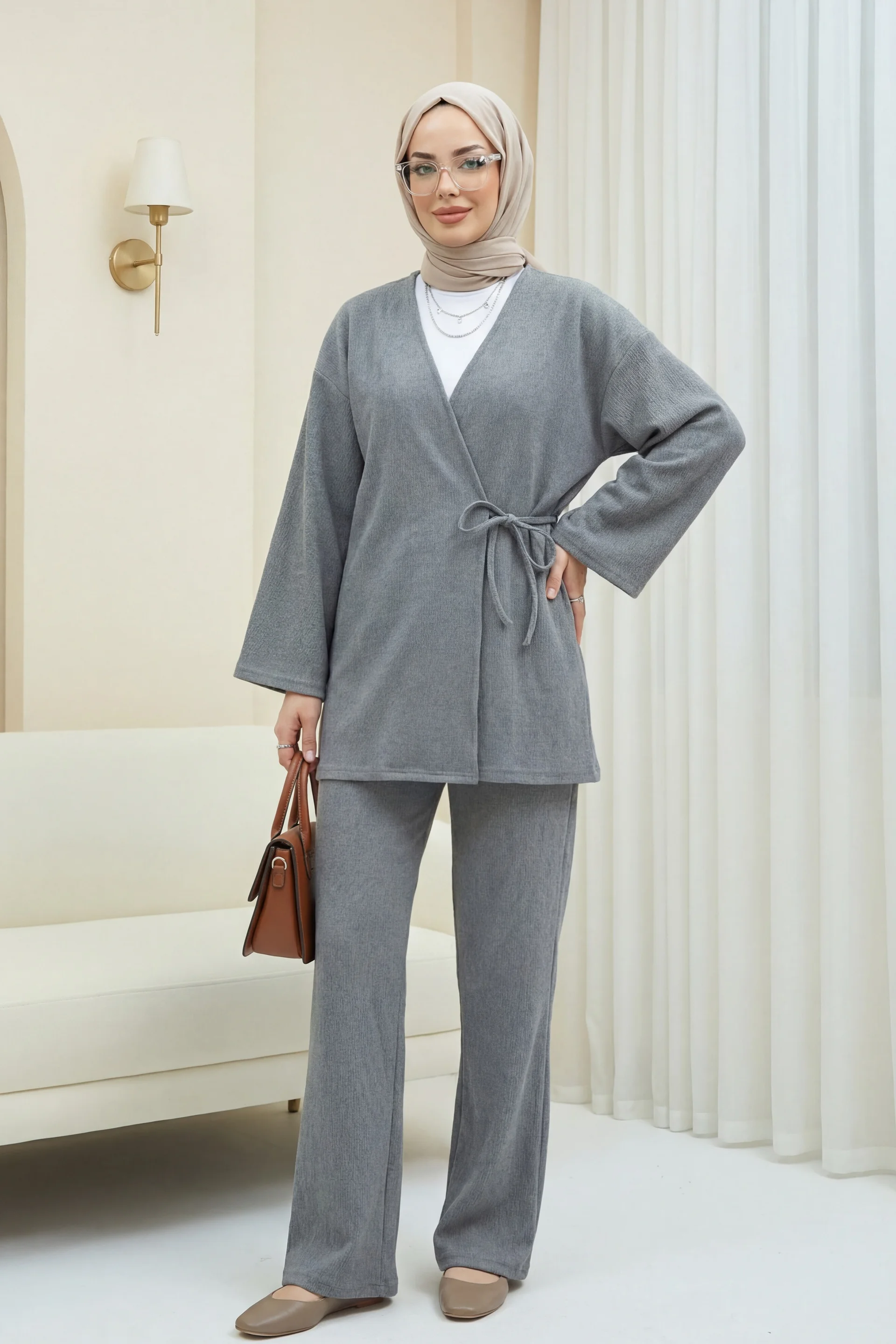 Cross-Wrap Selanik Kimono Set - Grey - Podyumplus - by Peralane