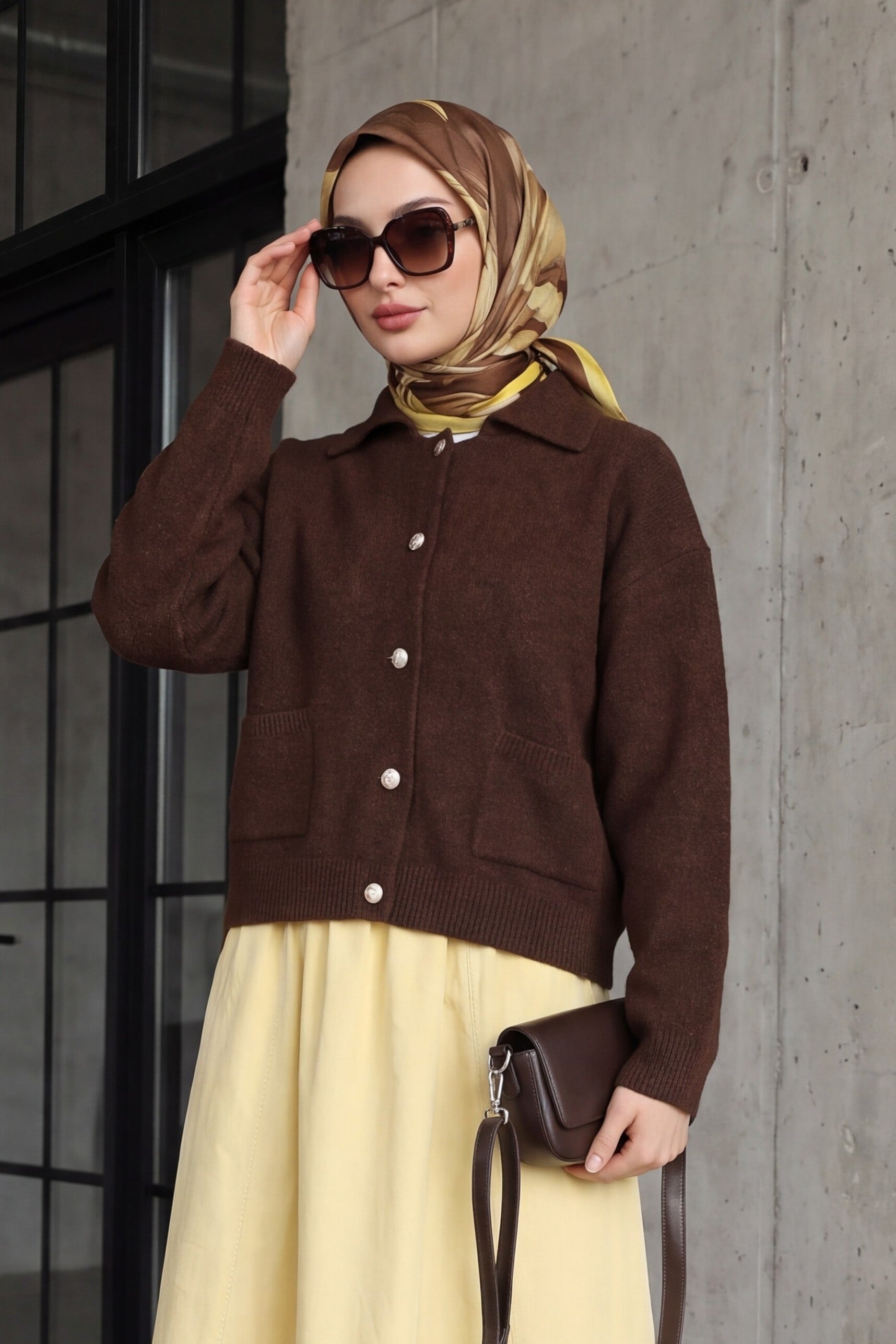 Double Pocket Shirt Collar Buttoned Knit Cardigan - Dark Brown - Podyumplus - by Peralane