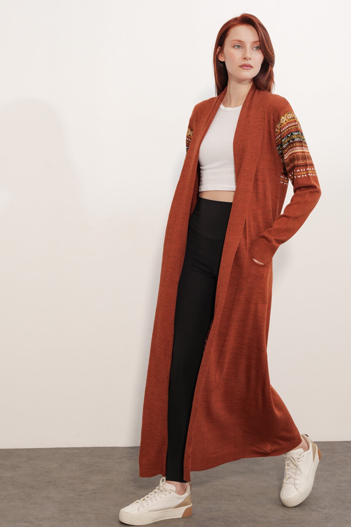 Long Knit Cardigan with Belt - Rust - Bigdart - by Peralane - photo 2