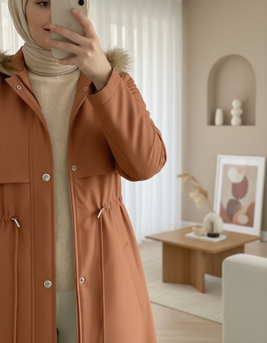 Long Hooded Jacket with Drawstring Waist and Faux Fur Lining - Mustard - Podyumplus - by Peralane - photo 2
