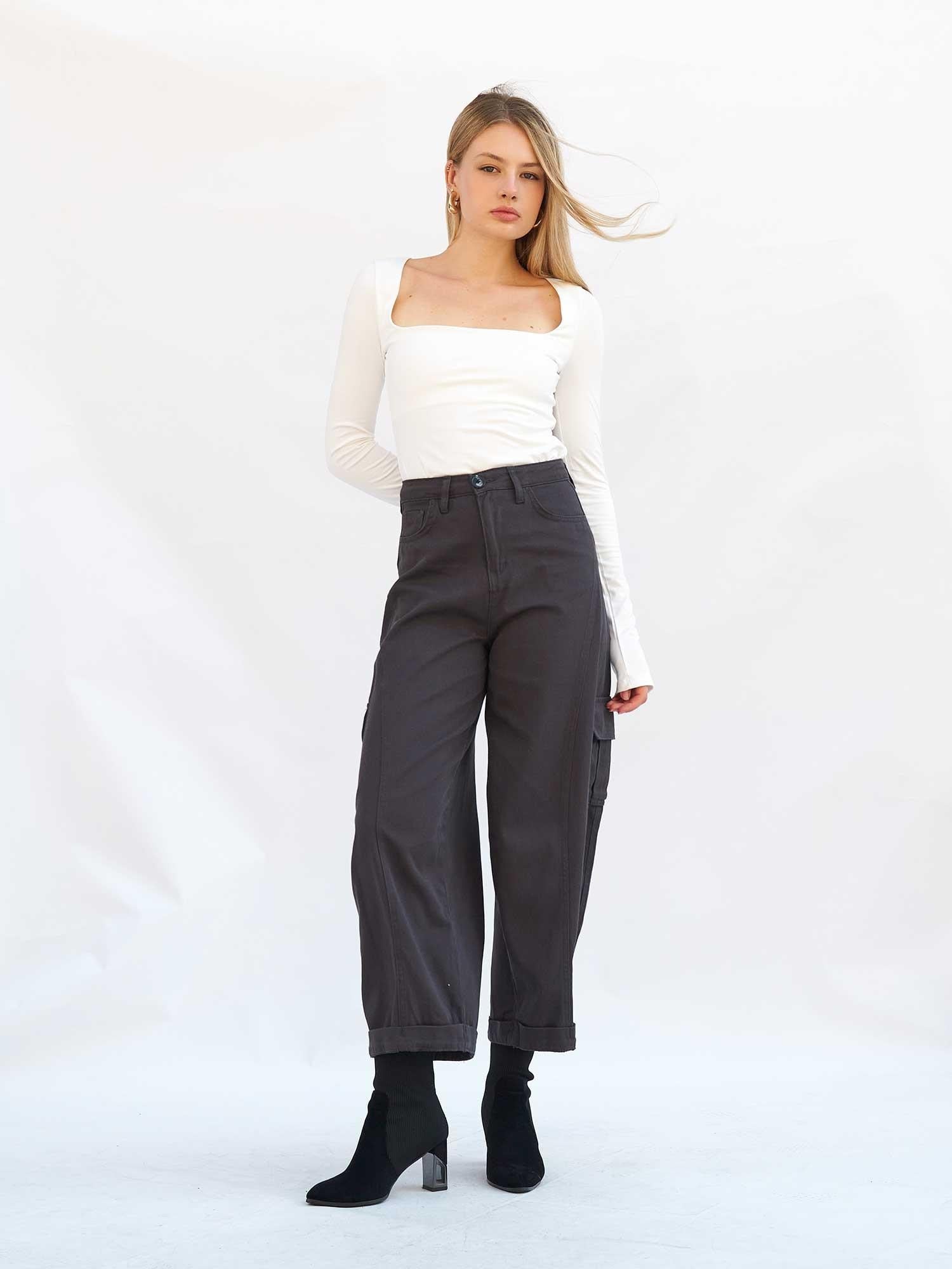 Women's Gabardine Trousers with Cargo Pockets - Anthracite - Lefon - by Peralane - photo 2