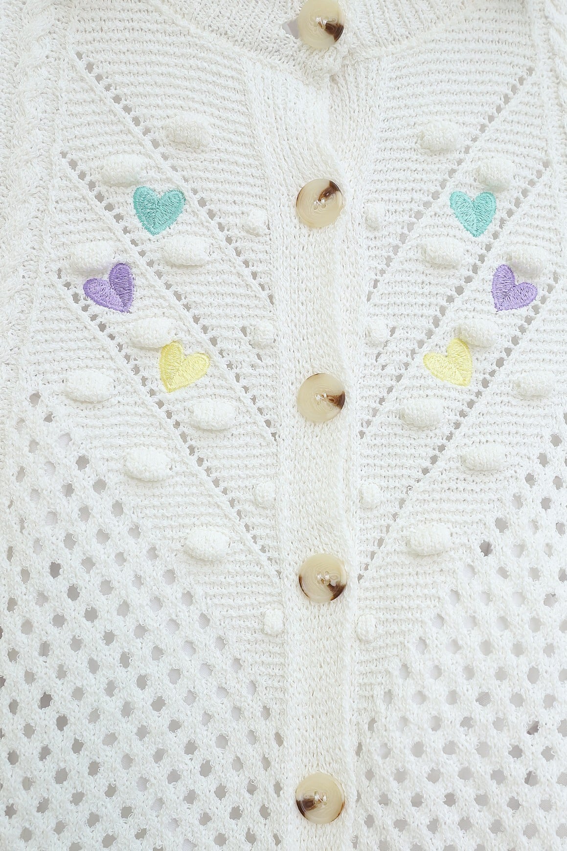 Cream Knit Cardigan with Heart Embroidery and Pompoms - Podyumplus - by Peralane - photo 6