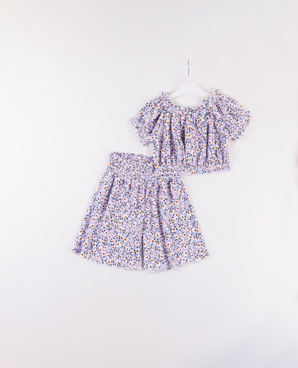 Girls' Two-Piece Crop Top and Shorts Set with Floral Print – Lavender – Ages 7-10 - Busra Bebe - by Peralane