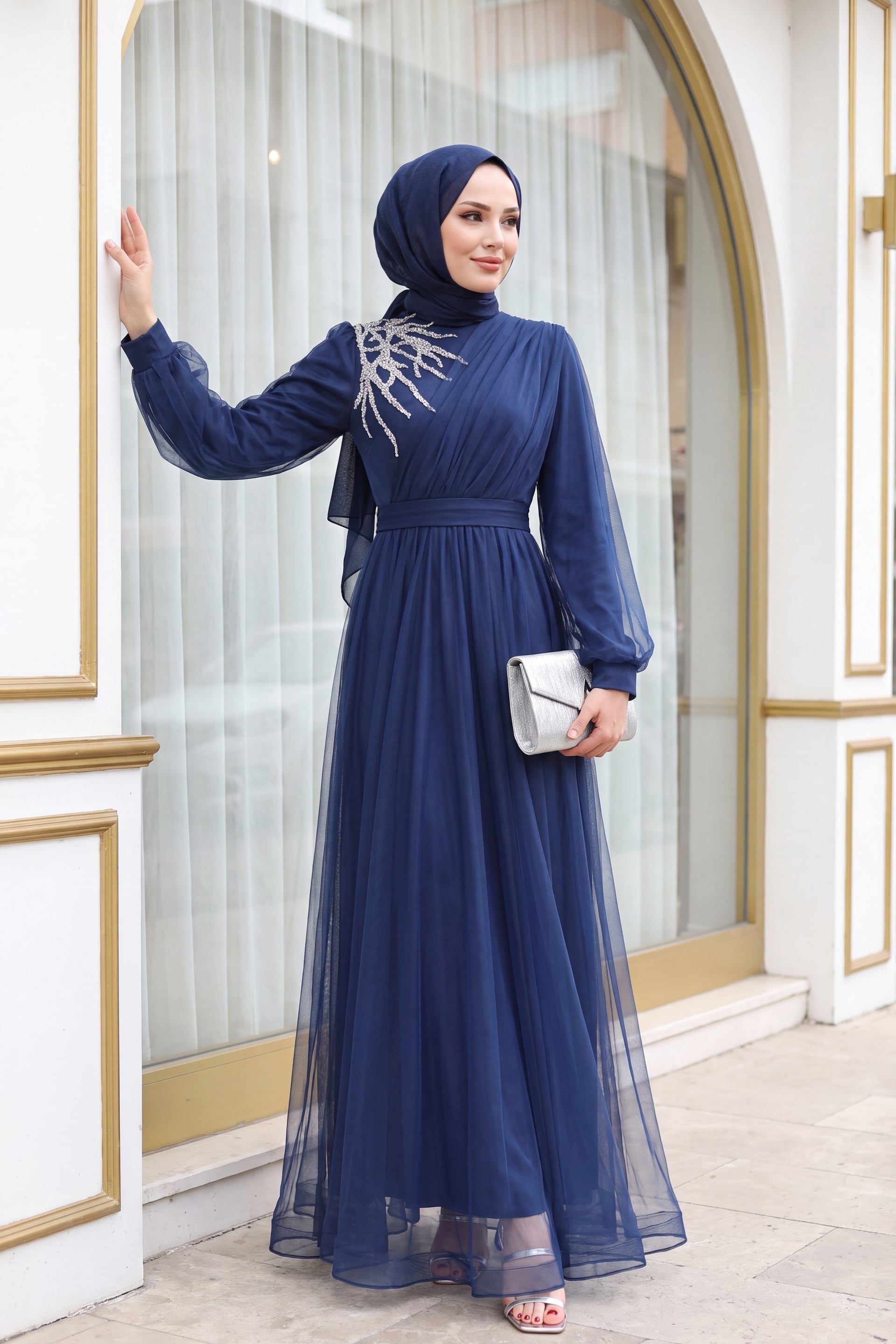 Navy Blue Stone Detailed Draped Belted Tulle Evening Dress - Podyumplus - by Peralane - photo 3