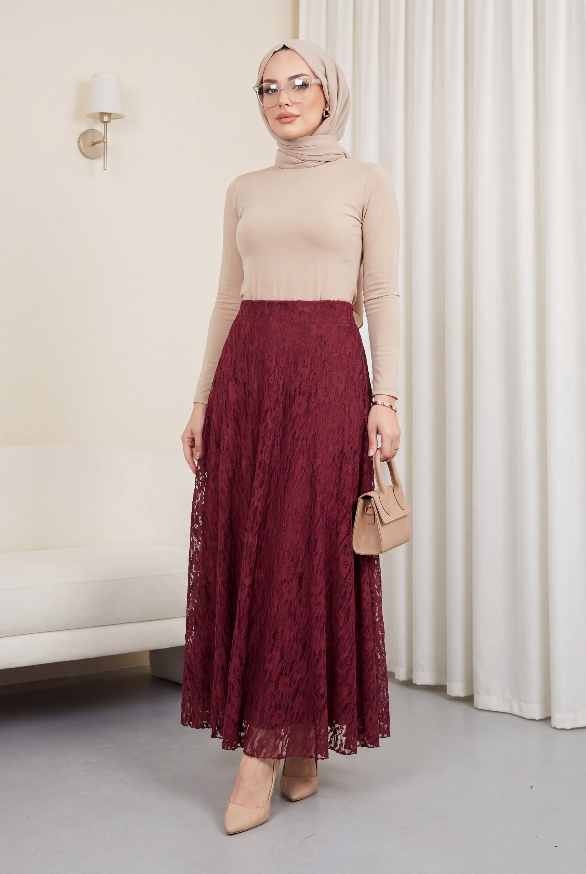 Patterned Lined Tulle Skirt with Lace Trim - Burgundy - Podyumplus - by Peralane - photo 2