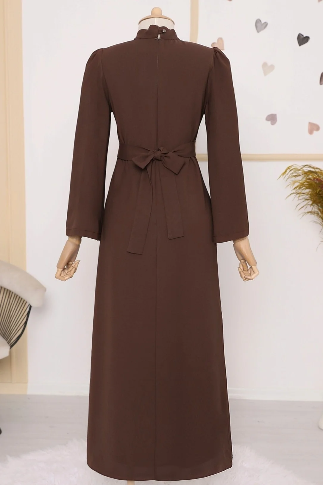 Mandarin Collar Belted Dress - Brown - Podyumplus - by Peralane - photo 8