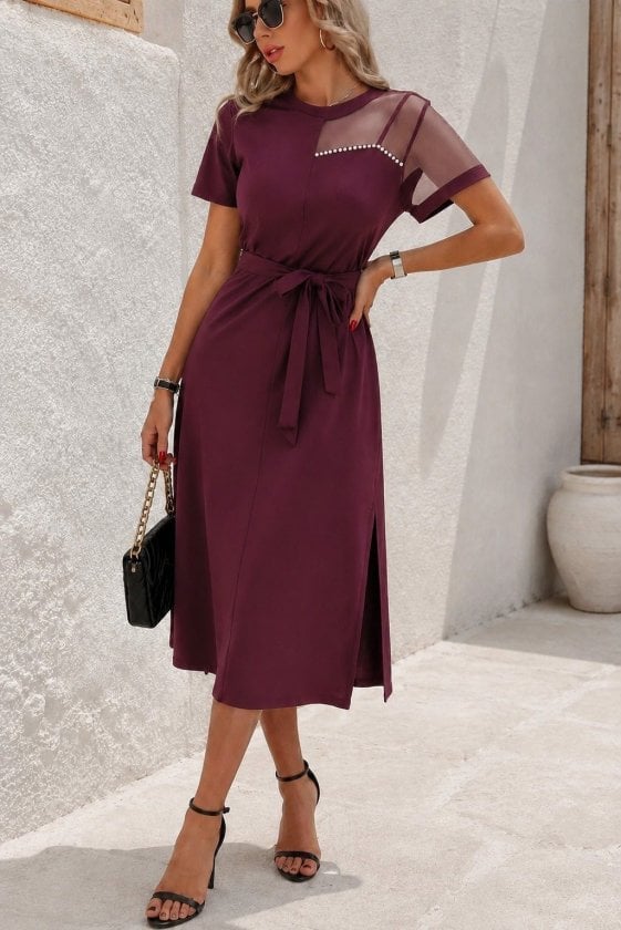 Women's Short-Sleeved Round Neck Midi Dress with Tulle Detail and Pearls - Janes - by Peralane - photo 2