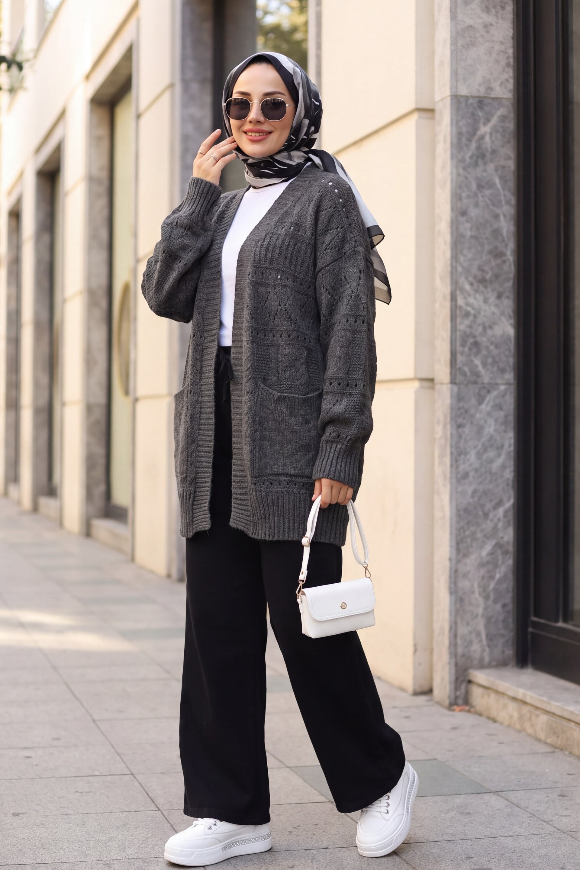 Open Front Knit Cardigan with Pockets for Women - Smoke Grey - Podyumplus - by Peralane - photo 2
