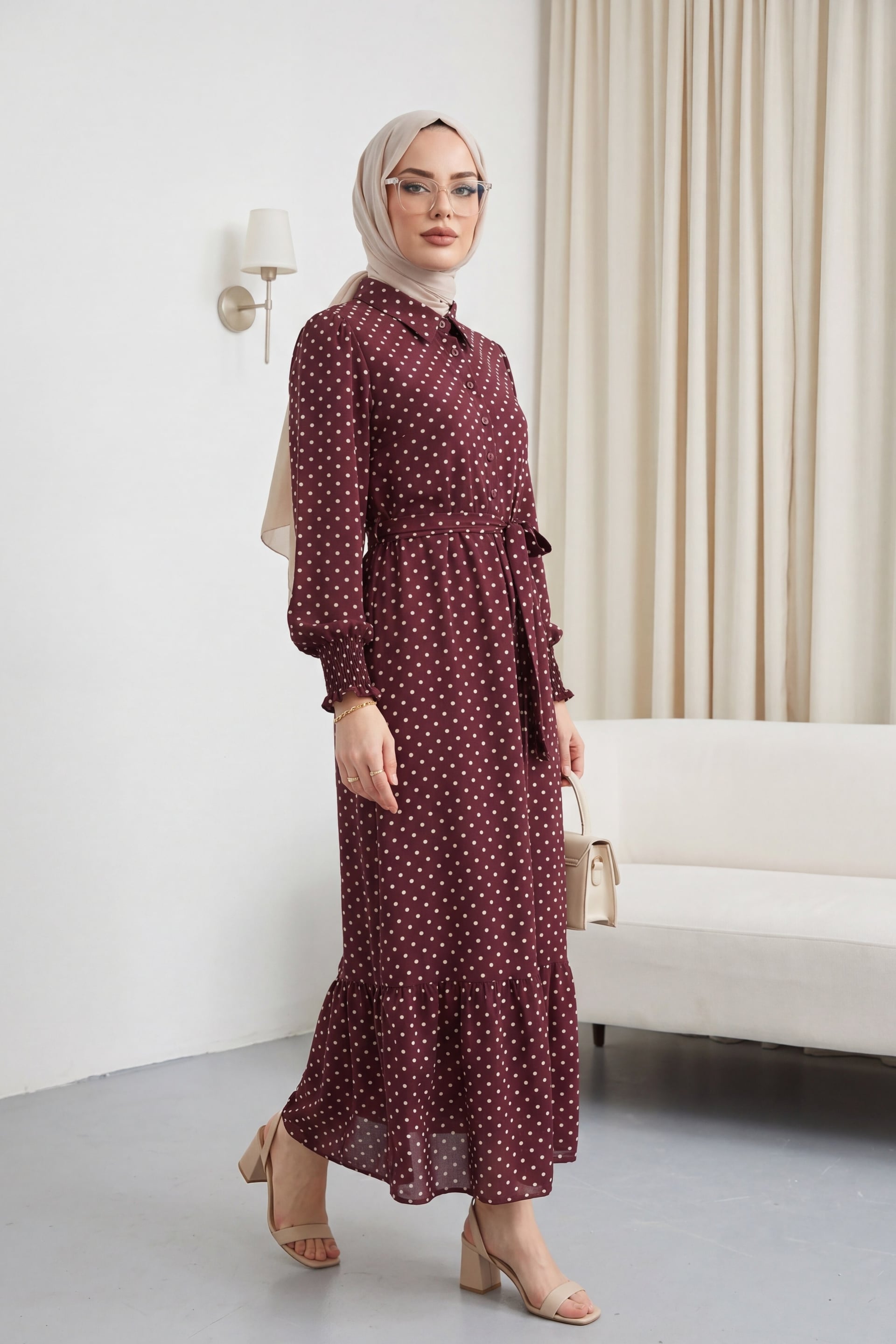 Burgundy Polka Dot Collared Tie-Waist Long Sleeve Dress - Podyumplus - by Peralane - photo 2