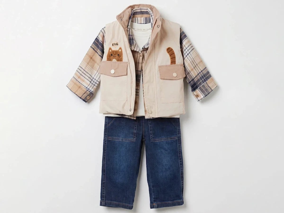 Boys' 4-Piece Set with Quilted Cat Vest, Plaid Shirt and Denim Trousers - Canoz - by Peralane